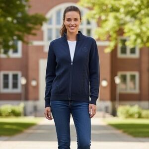 Tommy Hilfiger Cardigan Sweater Womens Sz M Navy Full Zip Cable Knit Preppy Logo